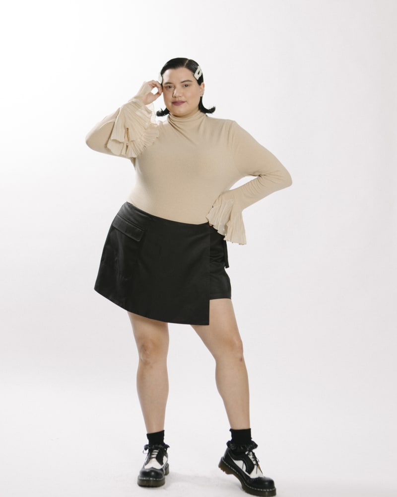 Front of a model wearing a size 4X CHIFFON BELL SLEEVE TOP in SAND by Lovefool. | dia_product_style_image_id:260598